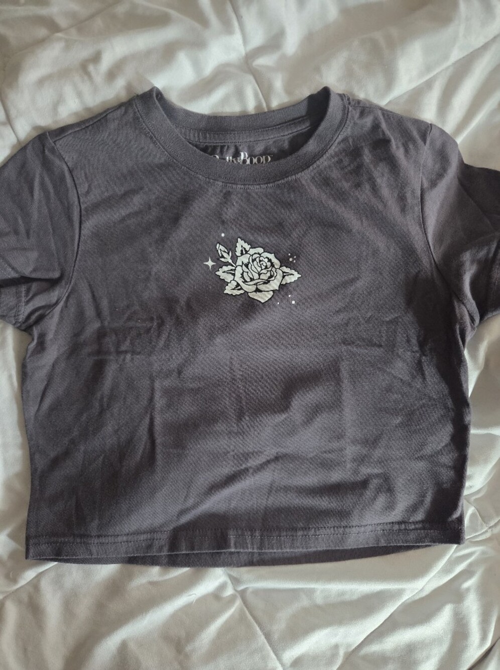 Betty Boop Charcoal Crop Top with White Rose Graphic